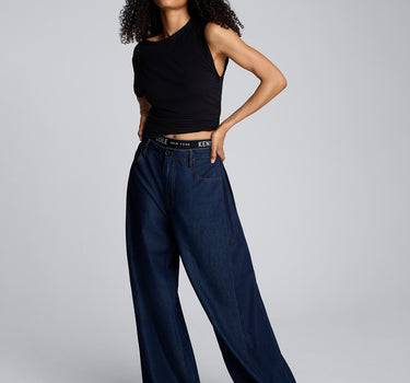 Pantalón amplio de cintura alta con pliegue lateral para mujer