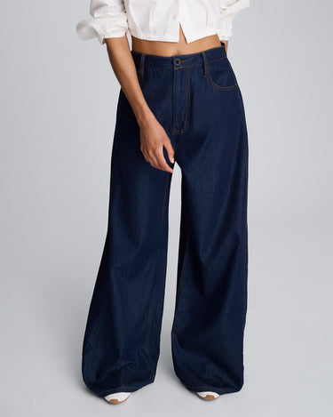 Pantalón amplio de cintura alta con pliegue lateral para mujer