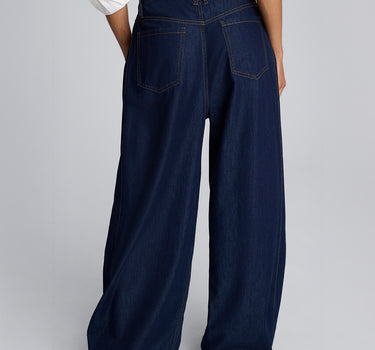 Pantalón amplio de cintura alta con pliegue lateral para mujer