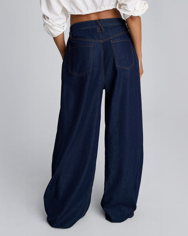 Pantalón amplio de cintura alta con pliegue lateral para mujer