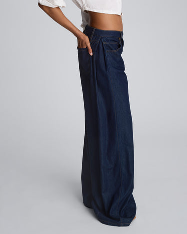 Pantalón amplio de cintura alta con pliegue lateral para mujer