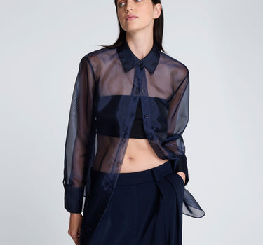 Camisa manga larga delantera organza trasparente para mujer