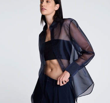 Camisa manga larga delantera organza trasparente para mujer