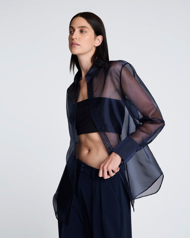 Camisa manga larga delantera organza trasparente para mujer