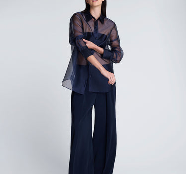 Camisa manga larga delantera organza trasparente para mujer