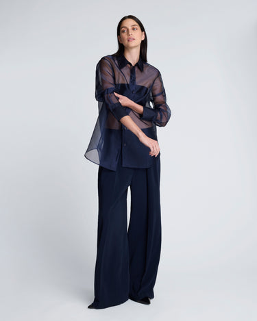 Camisa manga larga delantera organza trasparente para mujer